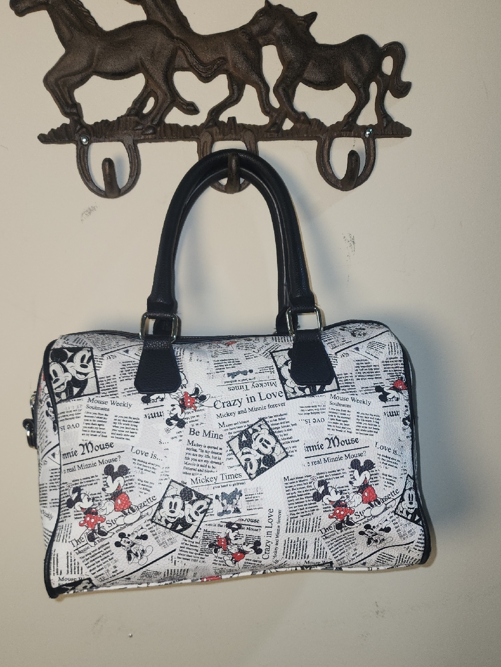 Mickey Minnie Newspaper Satchel Black White Crazy In Love Soulmate Disney Barrel